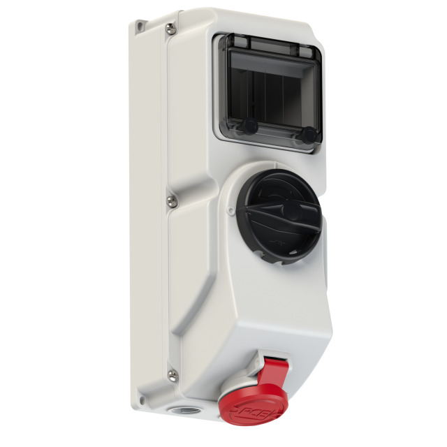 CEE-switched interlocked sockets with DIN rail